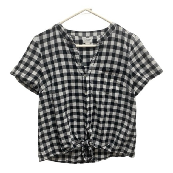 J. Crew Tops - J Crew cotton short sleeve blouse tie black white check gingham lightweight
